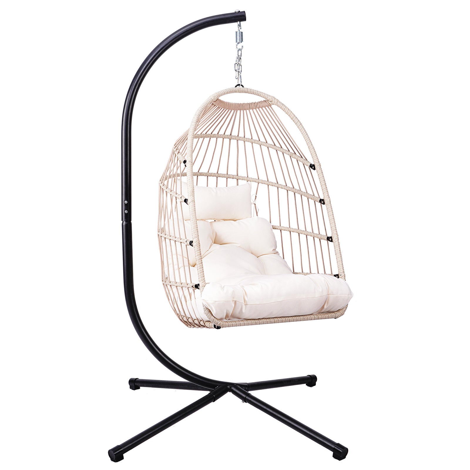 Foldable Hanging Egg Chair with Stand and Pillow, HDPE Rattan and Heavy Duty Aluminum-Steel Frame, Outdoor Patio Wicker Swing Egg Chair with Headrest and Cushioned, 350 Lbs Capacity (White) image 7