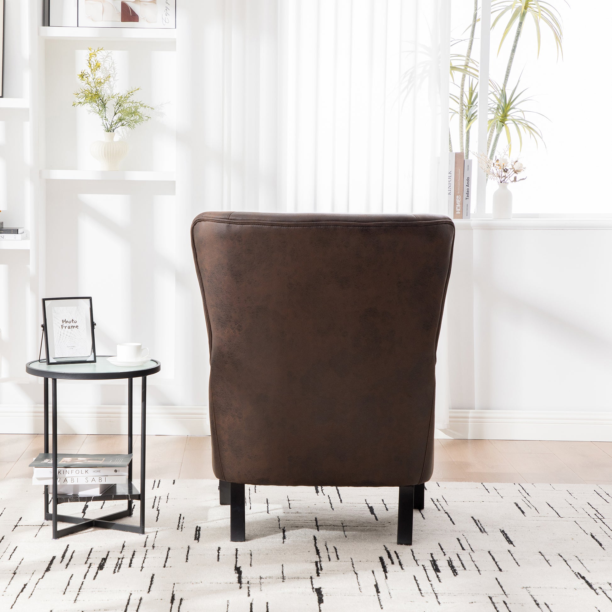 28"W PU High Back Accent Chair, Upholstered Armchair for Living Room, Retro Wingback Arm Chair,Single Sofa Bedroom Reading Seat with Solid Wood Legs, Brown image 4