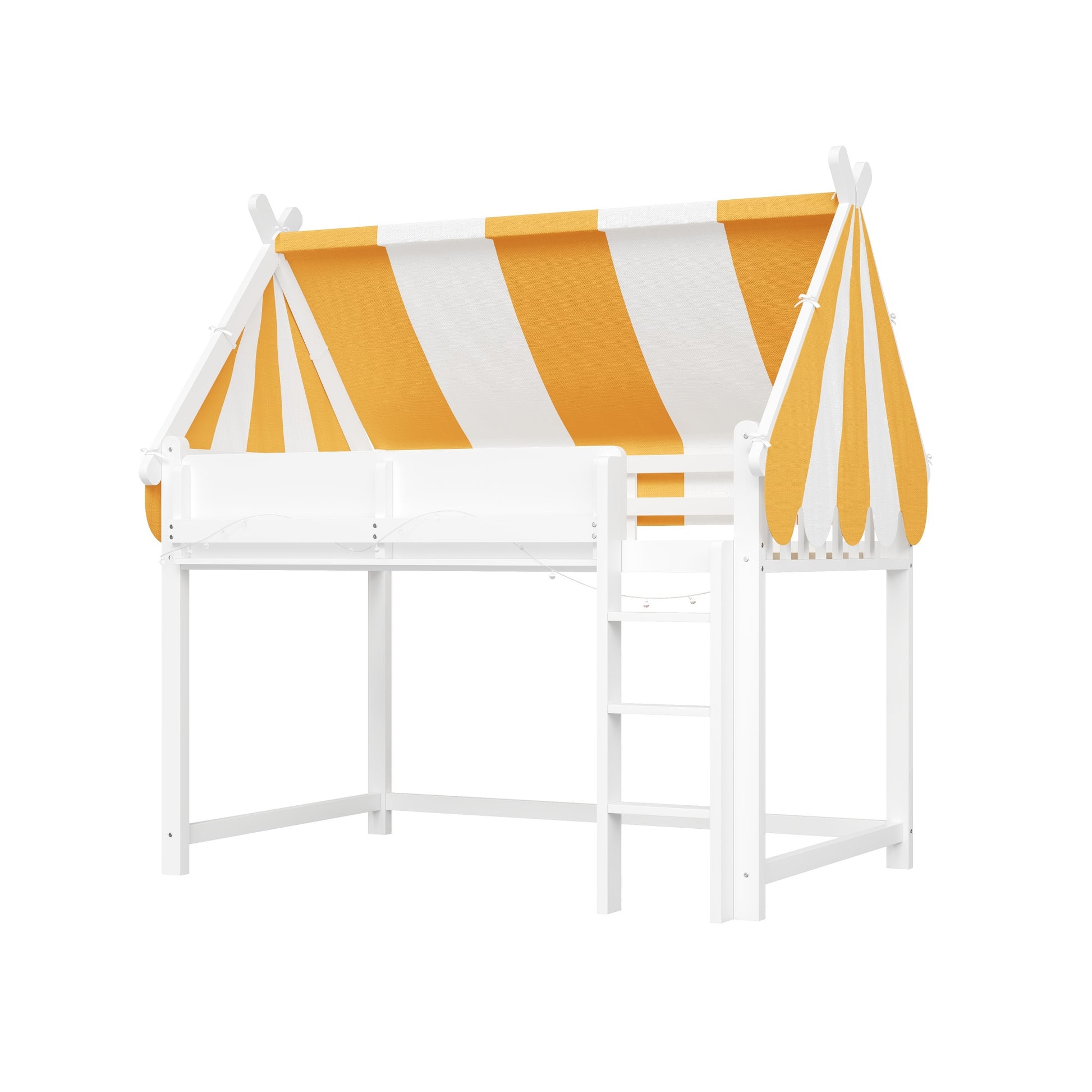 Full Size Loft Bed with Canopy, LED Lights & Book Shelf, White image 11