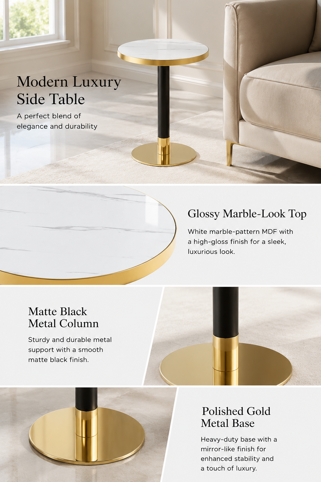 23.6" Round MDF sprayed with UV paint countertop, marble texture, stainless steel edging, metal table legs, modern light luxury edge/coffee table. image 5