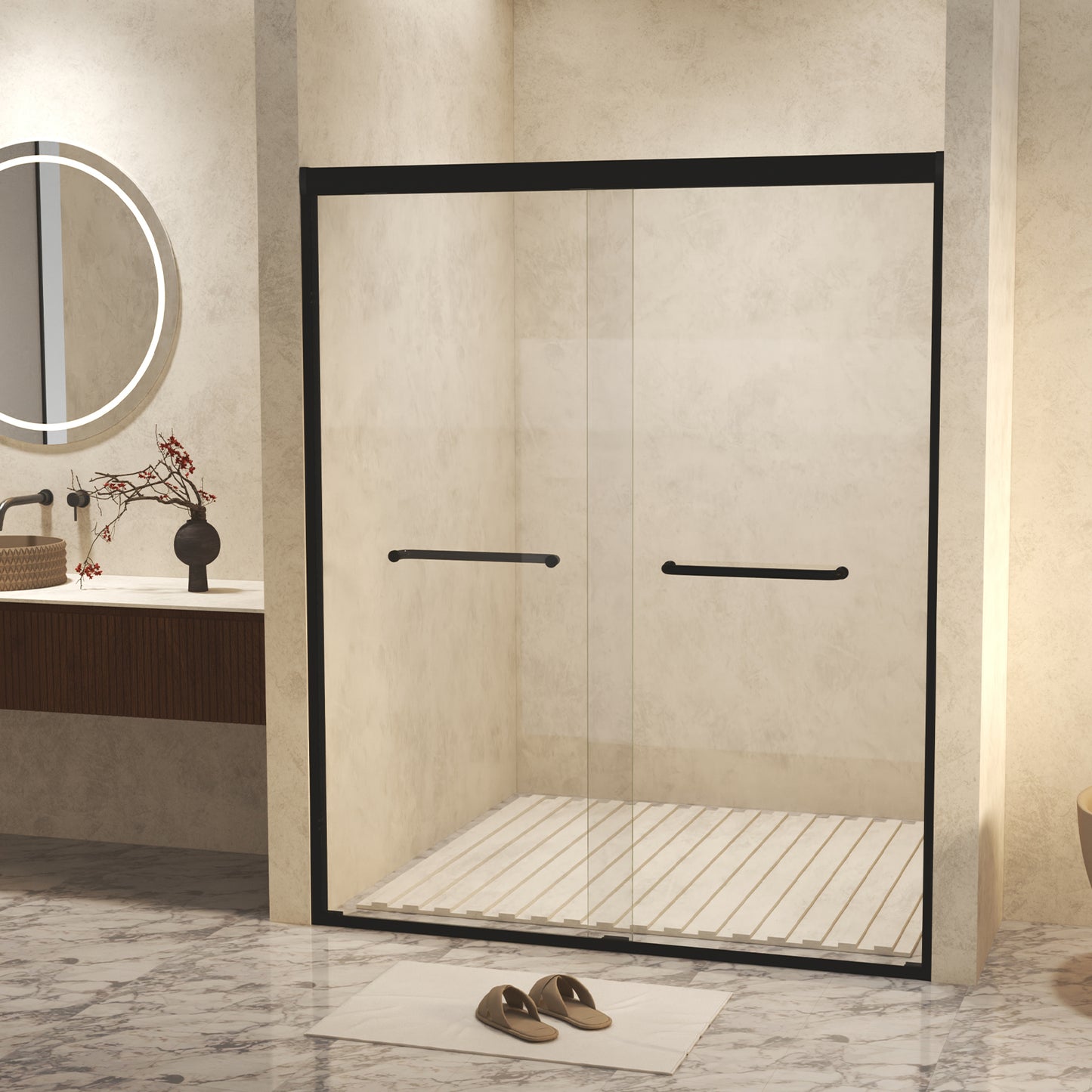 50-54" W × 72" H Tempered Glass with Explosion Proof Film, Aluminum Frame Double Sliding Shower Door, "1/4 (6 mm), Stainless Steel handle, Matte Black image 3