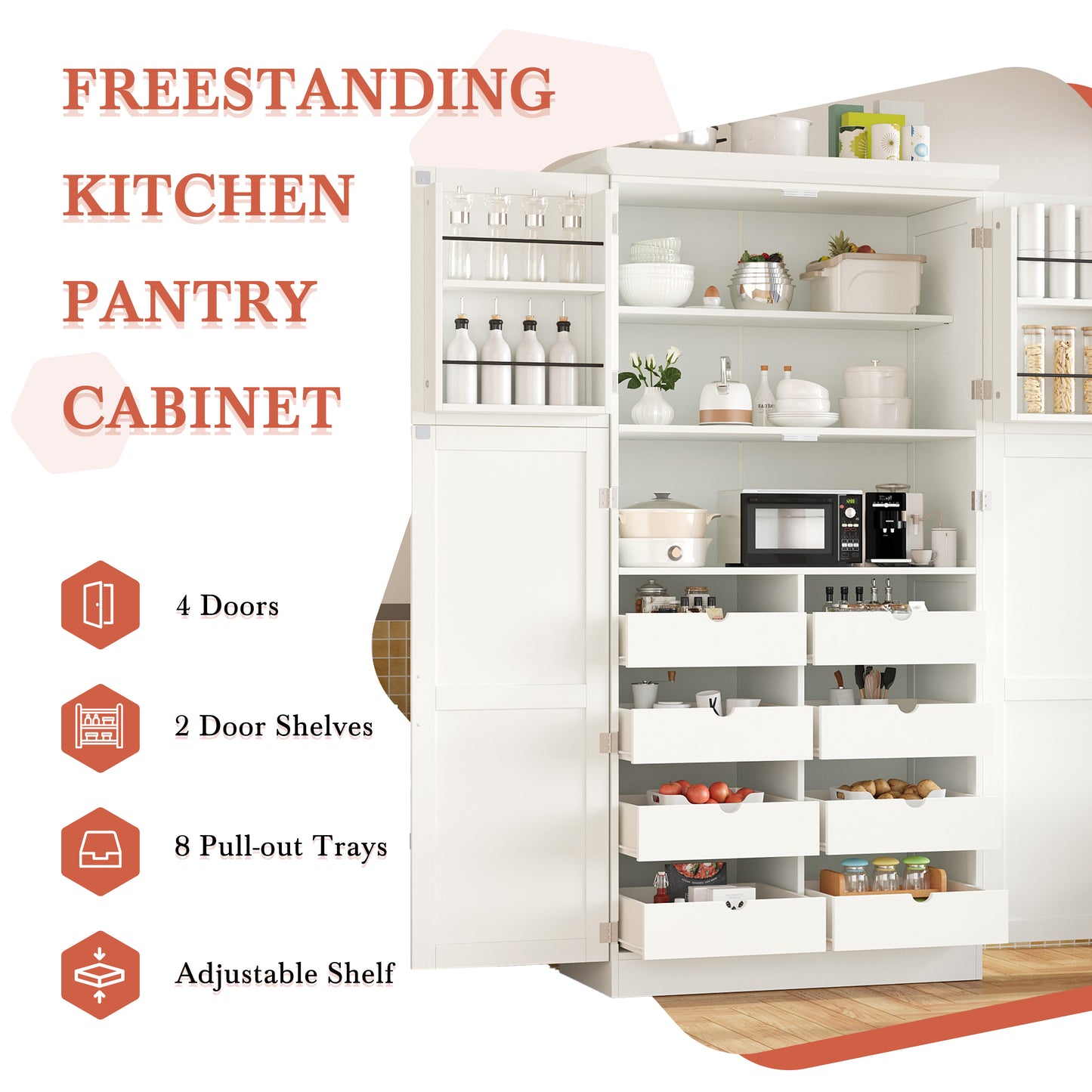 [Assembly Video Provided] TOPMAX 35.5x17.6x70.9inch Freestanding Kitchen Pantry Cabinet, Tall Storage Cabinet with 4 Doors, 2 Door Shelves, 8 Pull-out Trays and Adjustable Shelf for Dining Room, White image 7