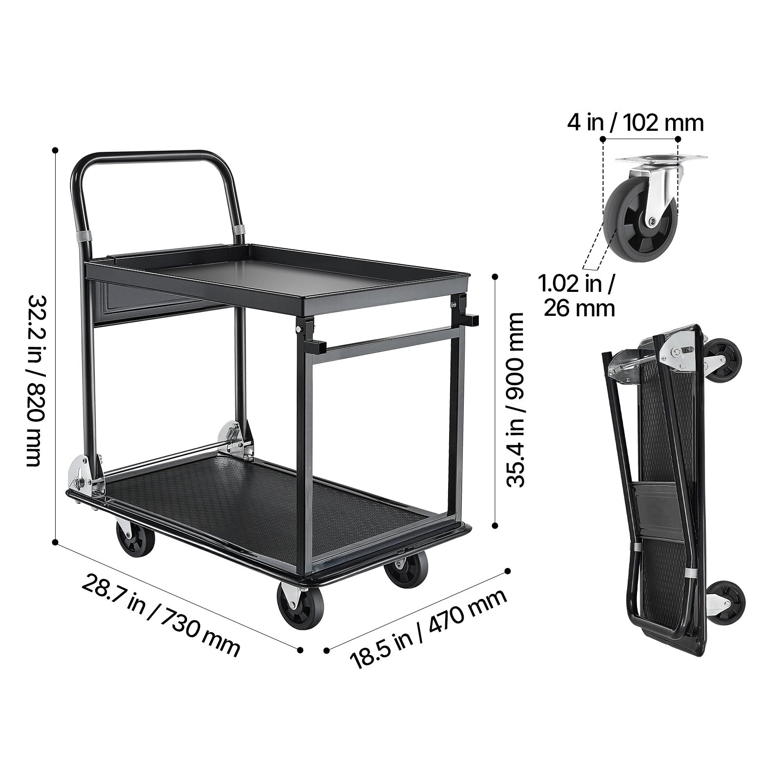 Foldable Push Cart Dolly, 700 lbs, Heavy Duty Platform Hand Truck with Wheels, High-Strength Steel, 2 Tier Moving Flatbed Cart, for Warehouse, Garage, Workshop, Office, 28.7 x 18.5 x 32.3 in image 3