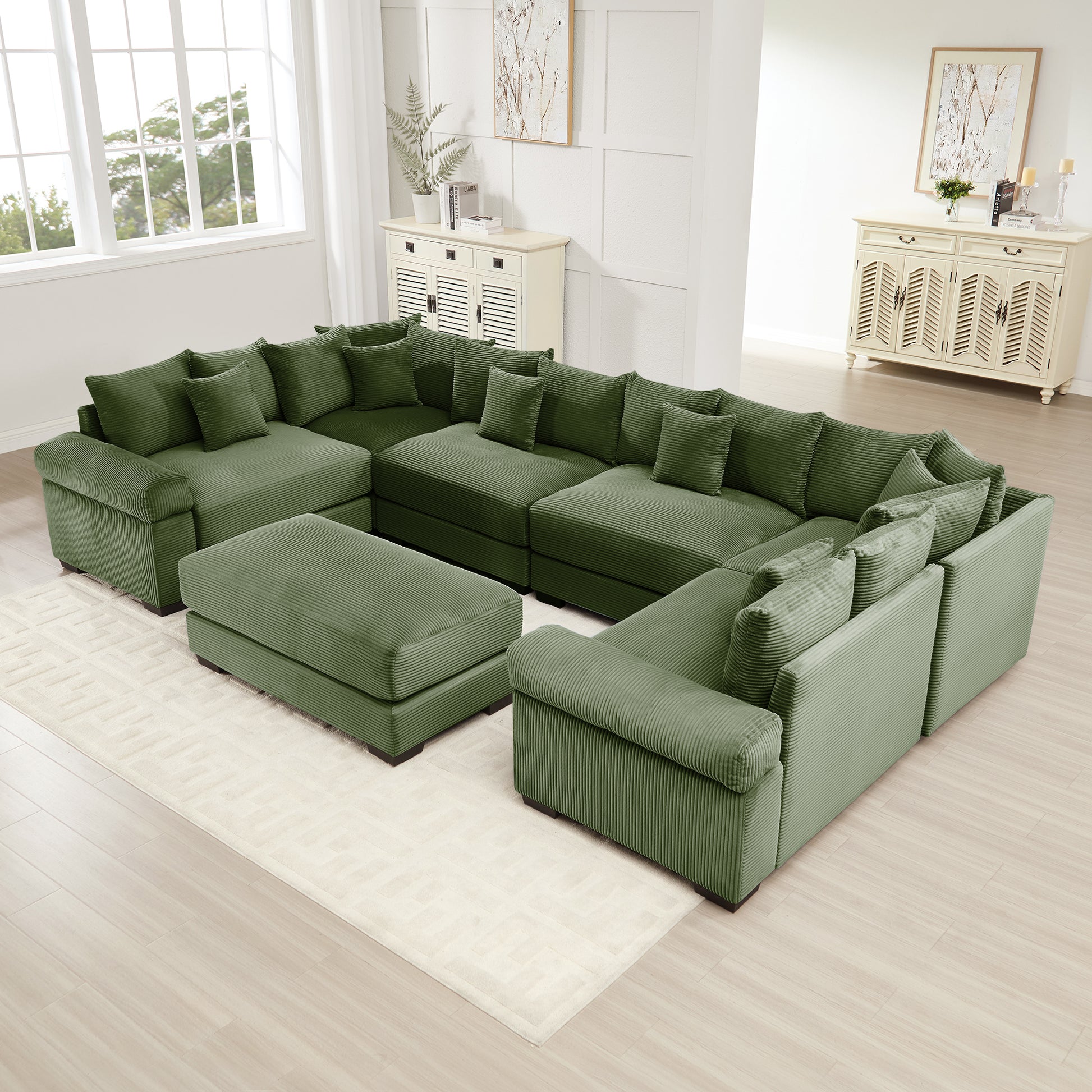 Oversized Cloud Modular Sectional Couch, Convertible Sectional Couches,Extra-Wide Armrests With An Ottoman,Soft Corduroy Fabric,Ergonomic Design, Easy Assembly, For Living Bedroom,Green image 1