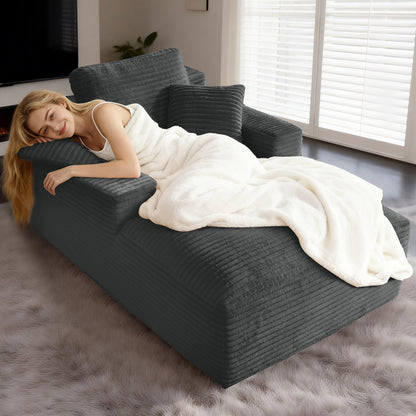 Chaise Lounges,Dark Grey Striped Corduroy Oversized Chaise Sofa, Vacuum Compression Armless Single Lounge Chair with Pillows image 1