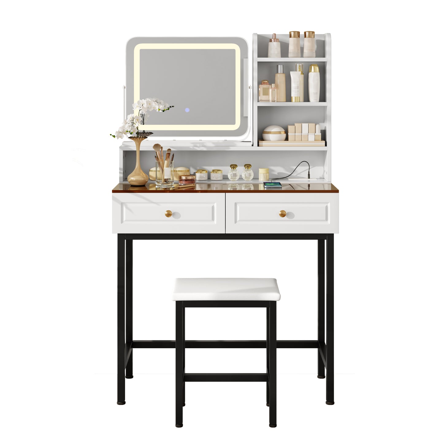 Makeup Vanity with LED Lighted Mirror, 360° Rotatable Mirror, Vanity Desk with 2 Drawers,Power Outlet and 3-Tier Shelves, Amber Glass Table Top, Dressing Table with Sturdy Metal Leg and Stool, White image 10
