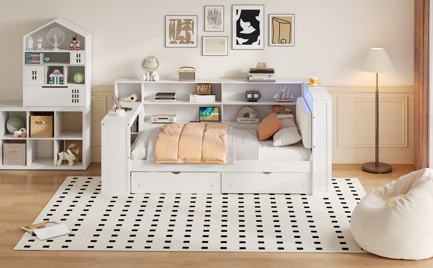 Wood Twin Size Platform Bed with Storage Shelves, Drawers, Charging Station, LED, Desk and Upholstered Headboard, White+Beige Cushion image 4