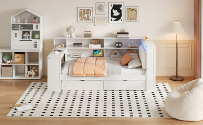 Wood Twin Size Platform Bed with Storage Shelves, Drawers, Charging Station, LED, Desk and Upholstered Headboard, White+Beige Cushion image 4