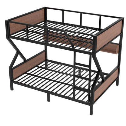 Queen over Queen Bunk Bed, Metal Bunk Bed with Storage Shelves and Lights, Space-saving & Noise-free Design, Black image 8