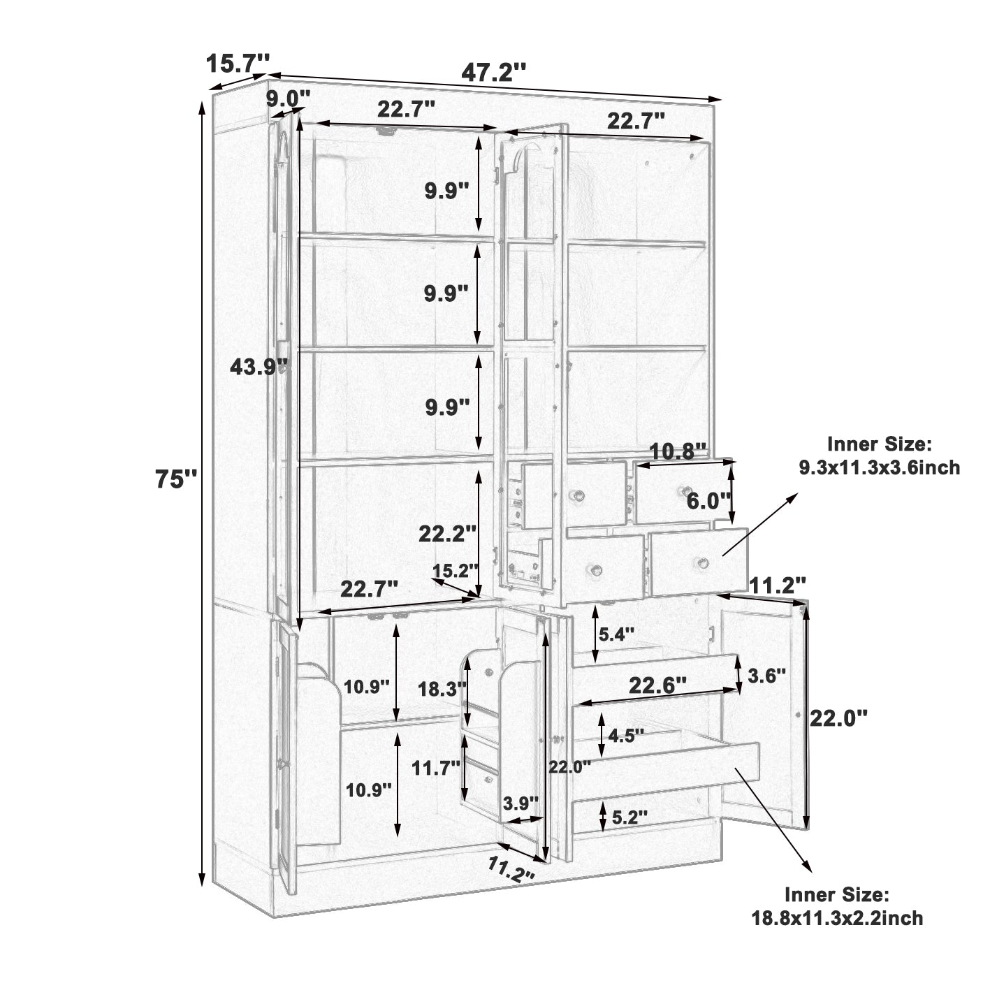 [Assembly Video Provided] TOPMAX 47.2x15.7x75inch Freestanding Buffet with Hutch, Tall Kitchen Pantry Cabinet with 4 Drawers, Door Shelves and Pull-out Trays for Dining room, Living Room, Gray image 11