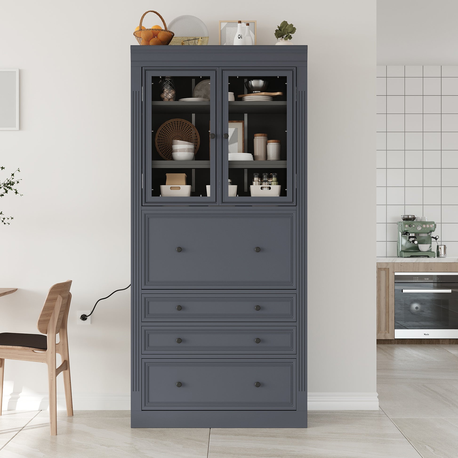 [Assembly Video Provided] TOPMAX 36x16.5x78inch Freestanding Kitchen Pantry Storage Cabinet,Multifunctional Cupboard with 3 Drawers,Adjustable Shelves and Power Outlet for Dining and Living Room,Grey image 9