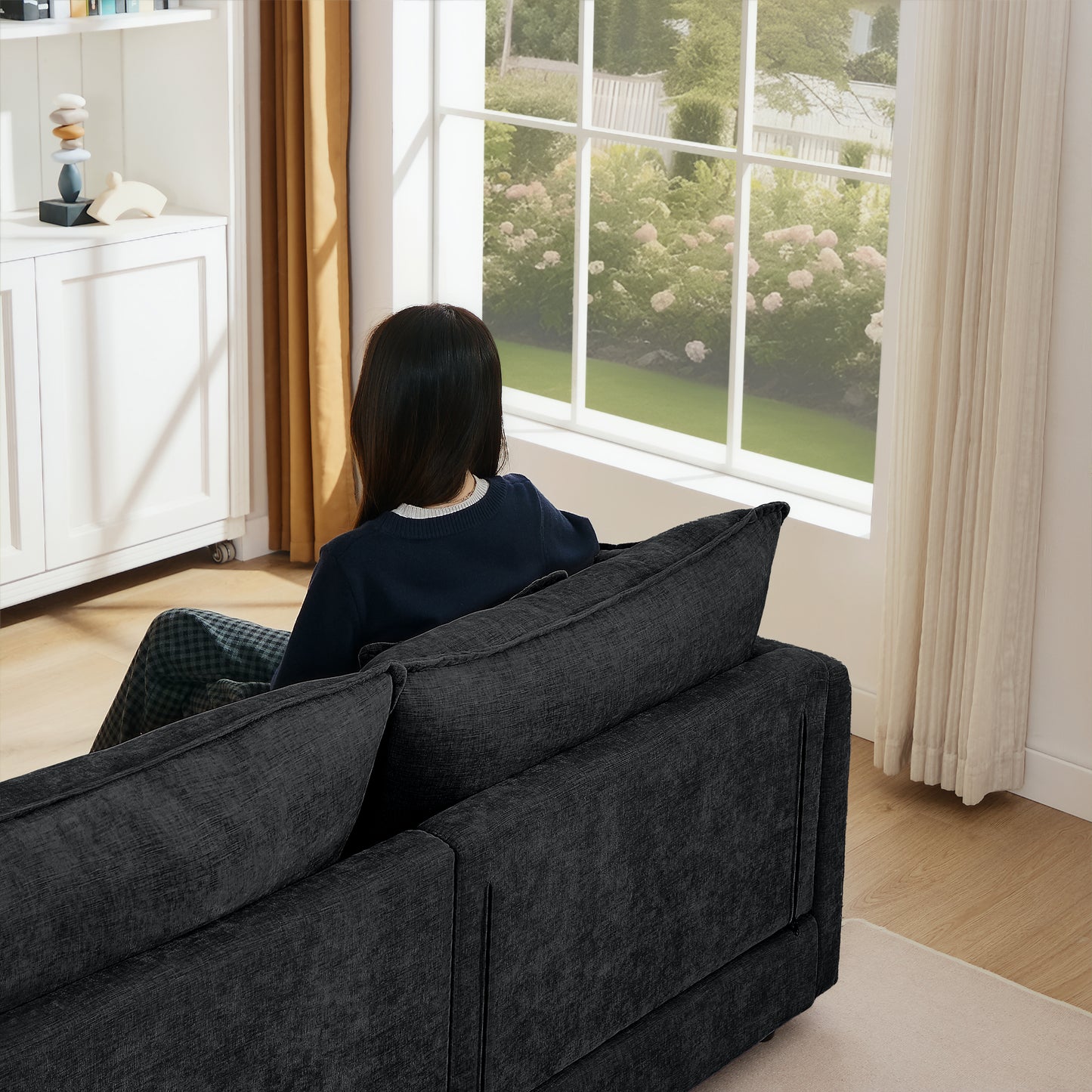 Modular Sectional Sofa, 102 Inch L Shaped Couch Set for Living Room, 3-Seater Comfy Cloud Couches with Movable Ottoman, DIY Combination, Chenille, Black image 9