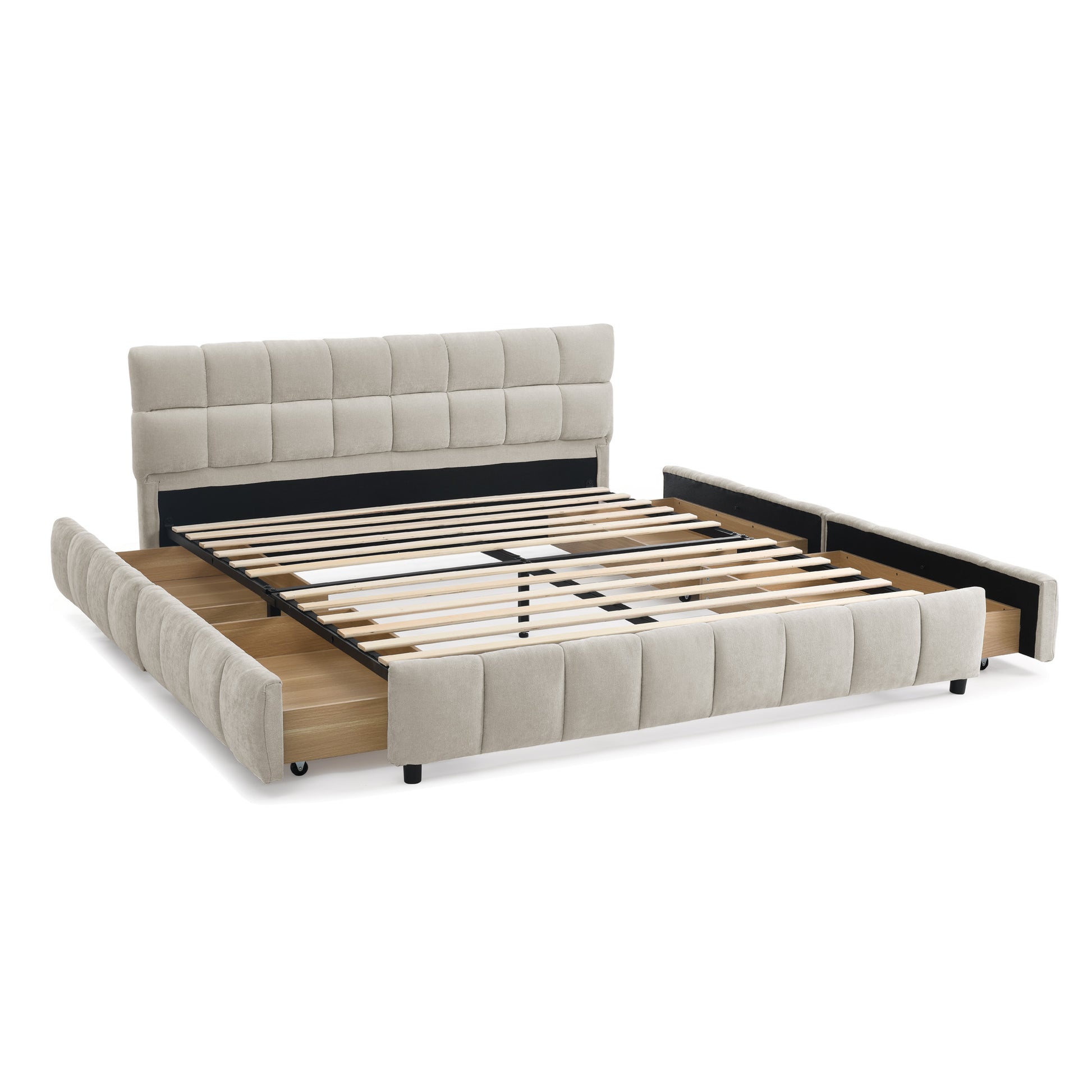 Queen Size Upholstered Bed,comfortable upholstered bed frame, Chenille fabric, with headboard and solid bed frame. With drawer for storage.-Beige(88.5''*68.5''*31'') image 8