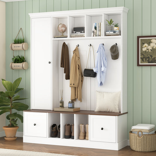 VIBE HAUS 62.2''W Farmhouse Hall Tree with Shoe Storage Bench, Entryway Coat Rack with 5 Hooks, Adjustable Shelf Cabinet with Drawers for Hallway, Entryway, Living Room image 1