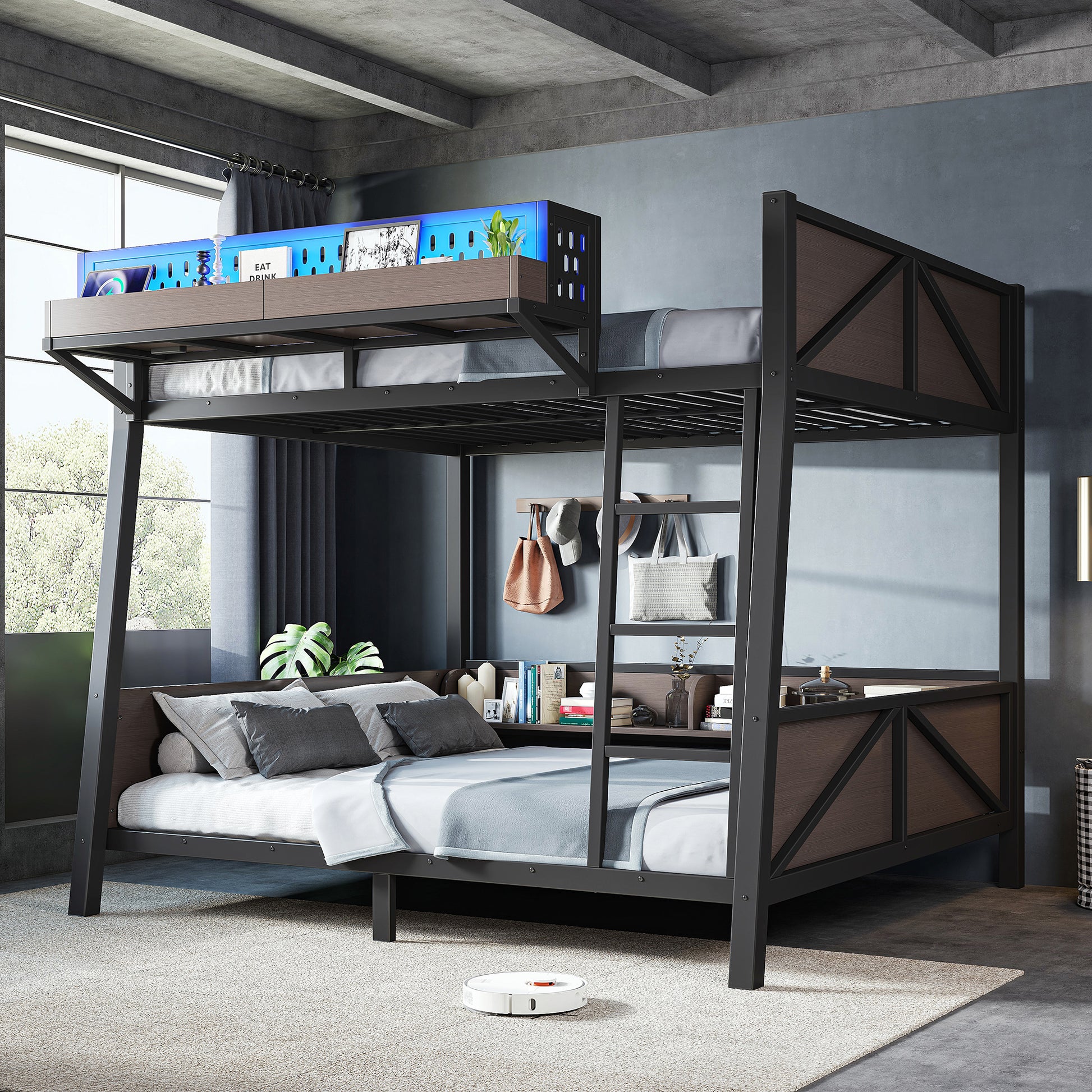 Full Bunk Bed with Storage Shelves,Twin Size Metal Bunk Bed Frame with LED Light and USB Ports For Kids,Teens.Black image 5