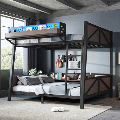 Full Bunk Bed with Storage Shelves,Twin Size Metal Bunk Bed Frame with LED Light and USB Ports For Kids,Teens.Black image 5