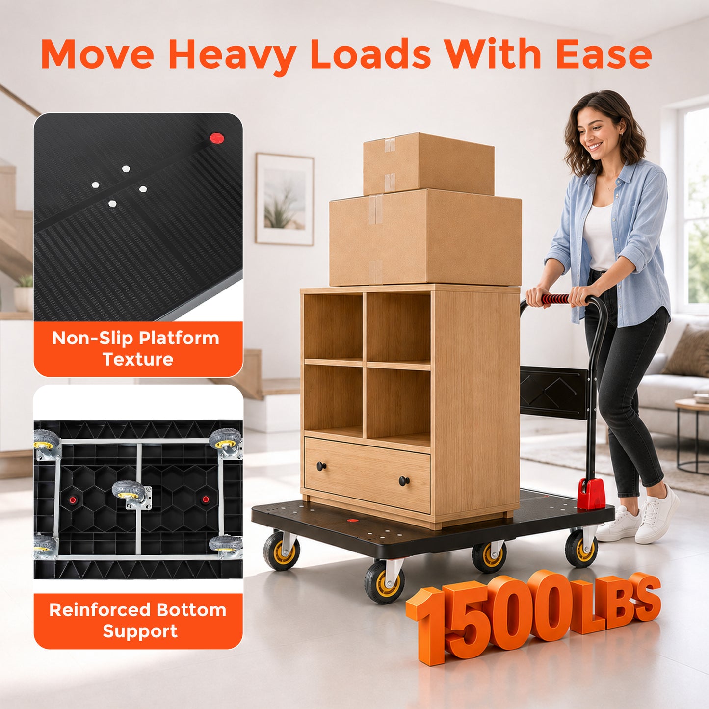 25.5"x43.5" Platform Truck, Foldable Handcart with 5'' TPR 360-Degree Silent Wheels, 1500lbs Heavy-Duty Push Dolly Cart, 5 Steel Load-Bearing Beams for Warehouse Garage Home Use image 2
