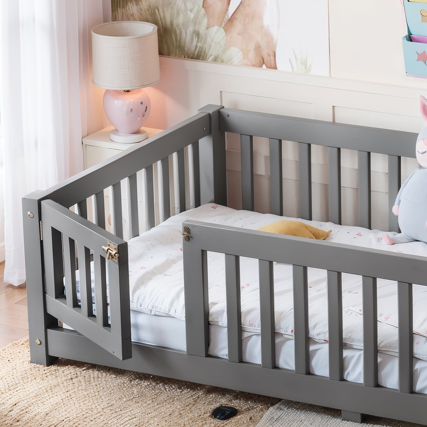 Twin Size Bed Floor Bed with Safety Guardrails and Door for Kids, Gray image 4
