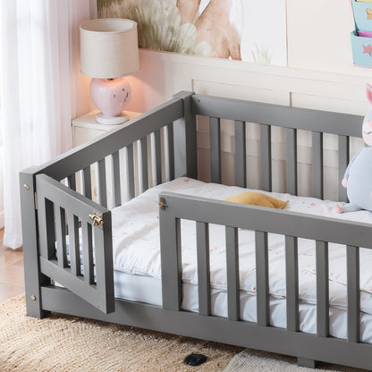 Twin Size Bed Floor Bed with Safety Guardrails and Door for Kids, Gray image 4