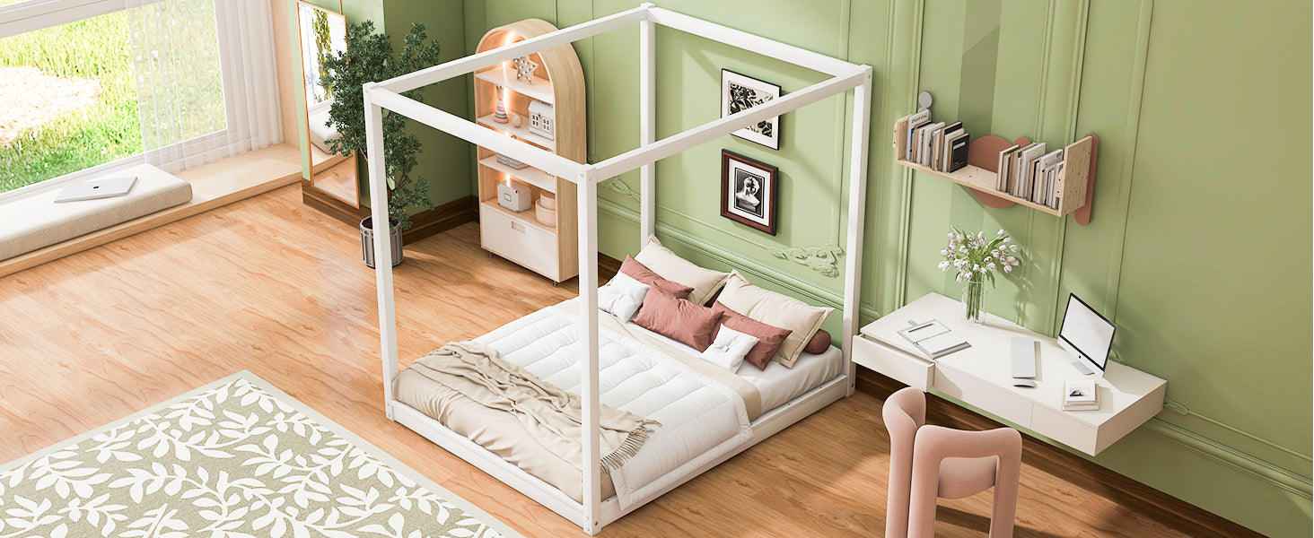 Queen Size Canopy Platform Bed with Support Legs,White image 9