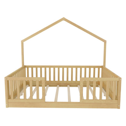 Full Floor Bed with High Rails, Wooden Montessori Bed with Light for Kids, Boys and Girls,Natural(Old SKUW2593P440609 Expect Arrival Date 2026/6/30) image 9