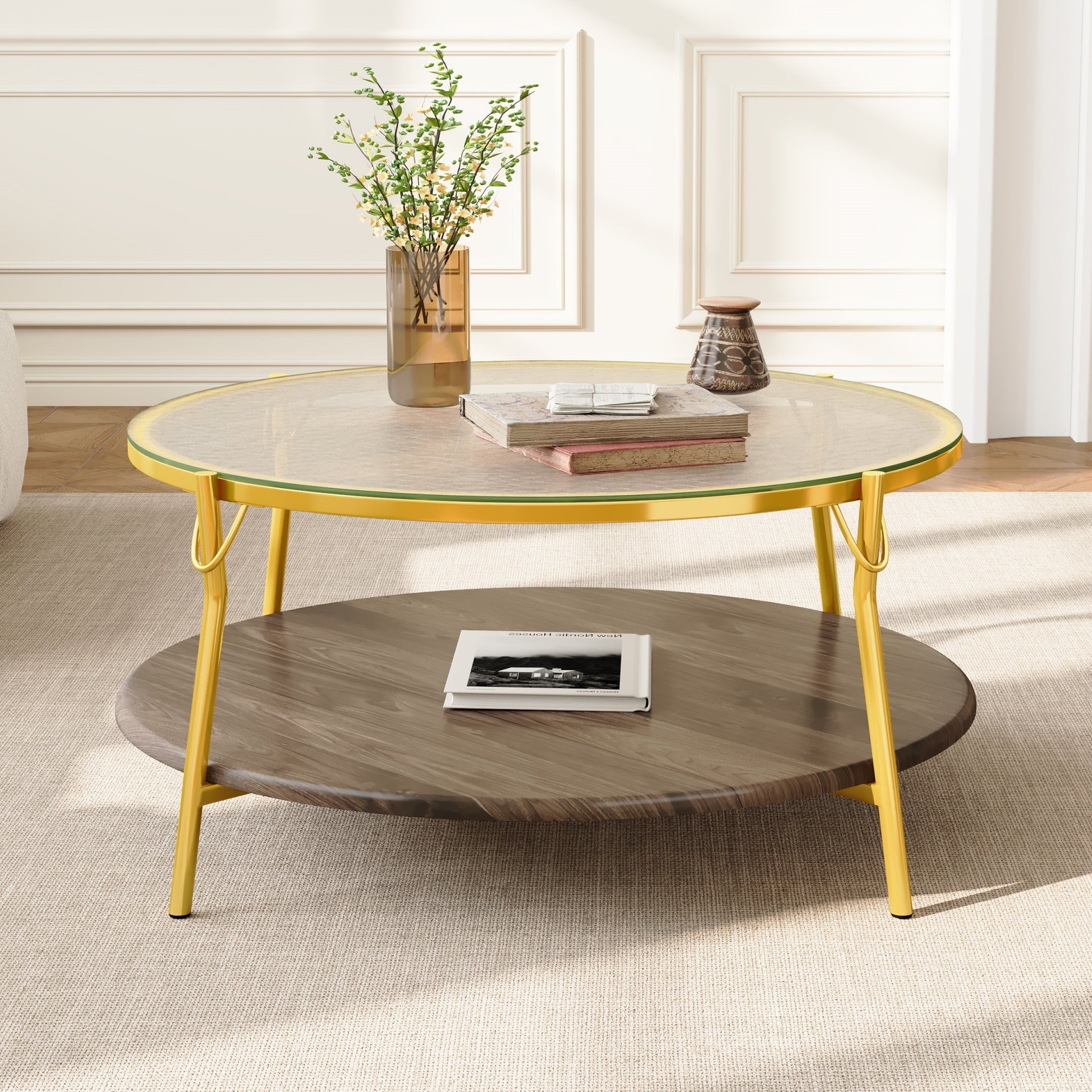 Modern Round Walnut 2-Tiered Coffee Table with Glass Top and Gold Base for Living Room, 29.9" image 2