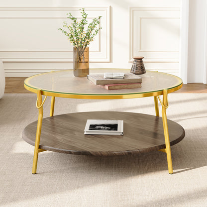 Modern Round Walnut 2-Tiered Coffee Table with Glass Top and Gold Base for Living Room, 29.9" image 2