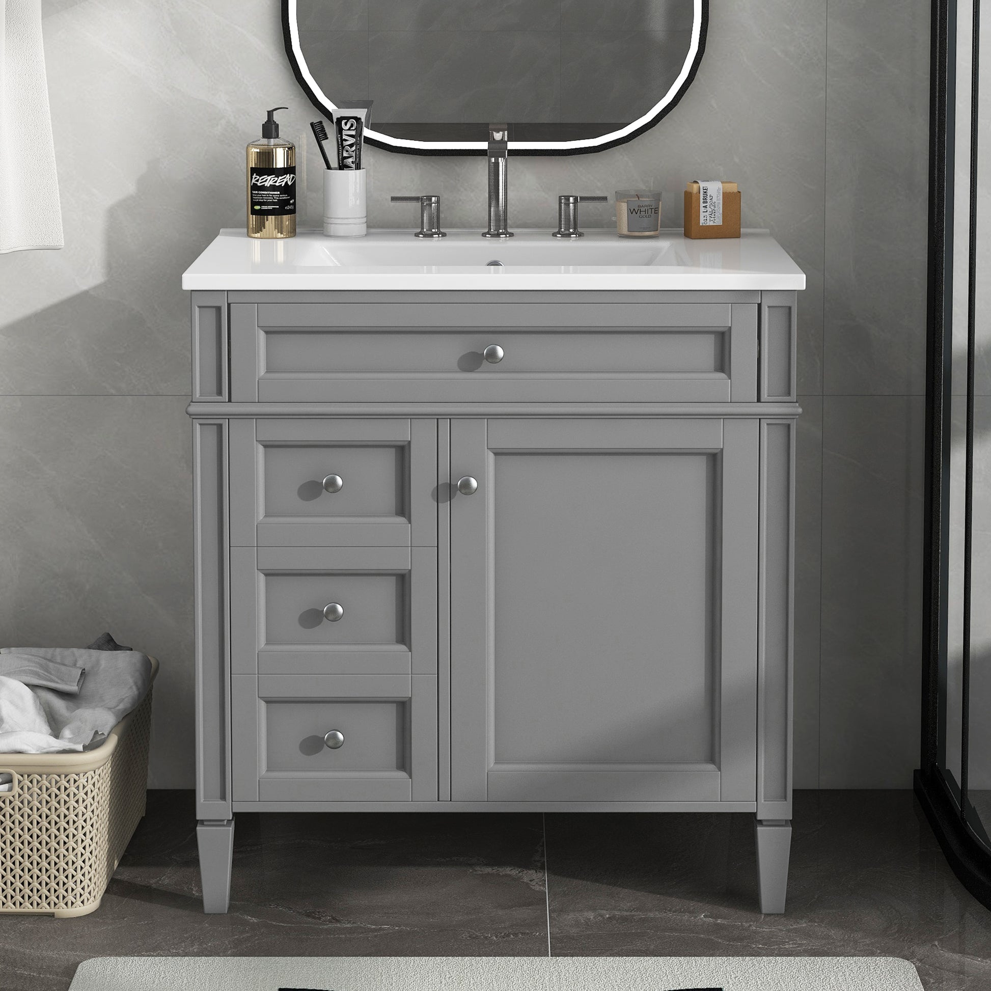 30'' Bathroom Vanity with Top Sink, Modern Bathroom Storage Cabinet with 2 Drawers and a Tip-out Drawer, Single Sink Bathroom Vanity image 4