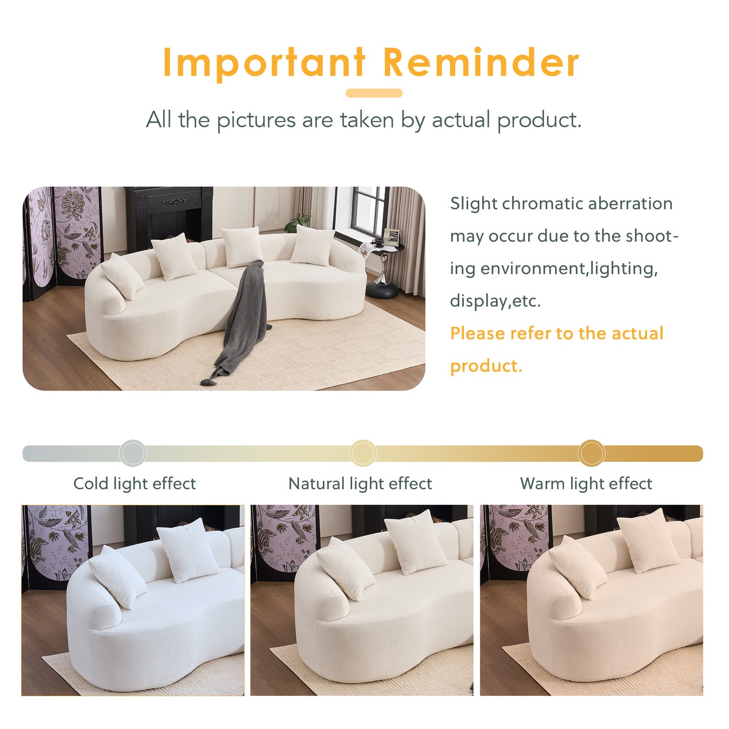 Curved Boneless Sofa,Compression Modular 110'' Sectional,White High-Density,Couches Sleeper for Living Room Bedroom Apartment Lounge,Chenille image 7