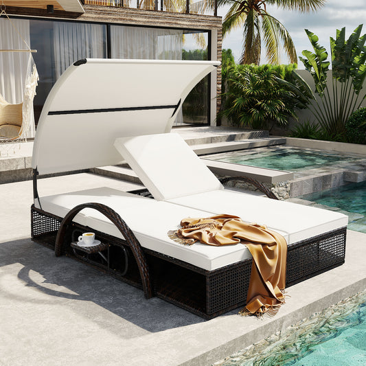 U_STYLE Outdoor Steel Frame Sun Lounger with Adjustable Backrest,Patio Double Sunbed with Hidden Side Table and Arched Armrests,Suitable for Patio Pool Deck,Garden,Backyard image 1