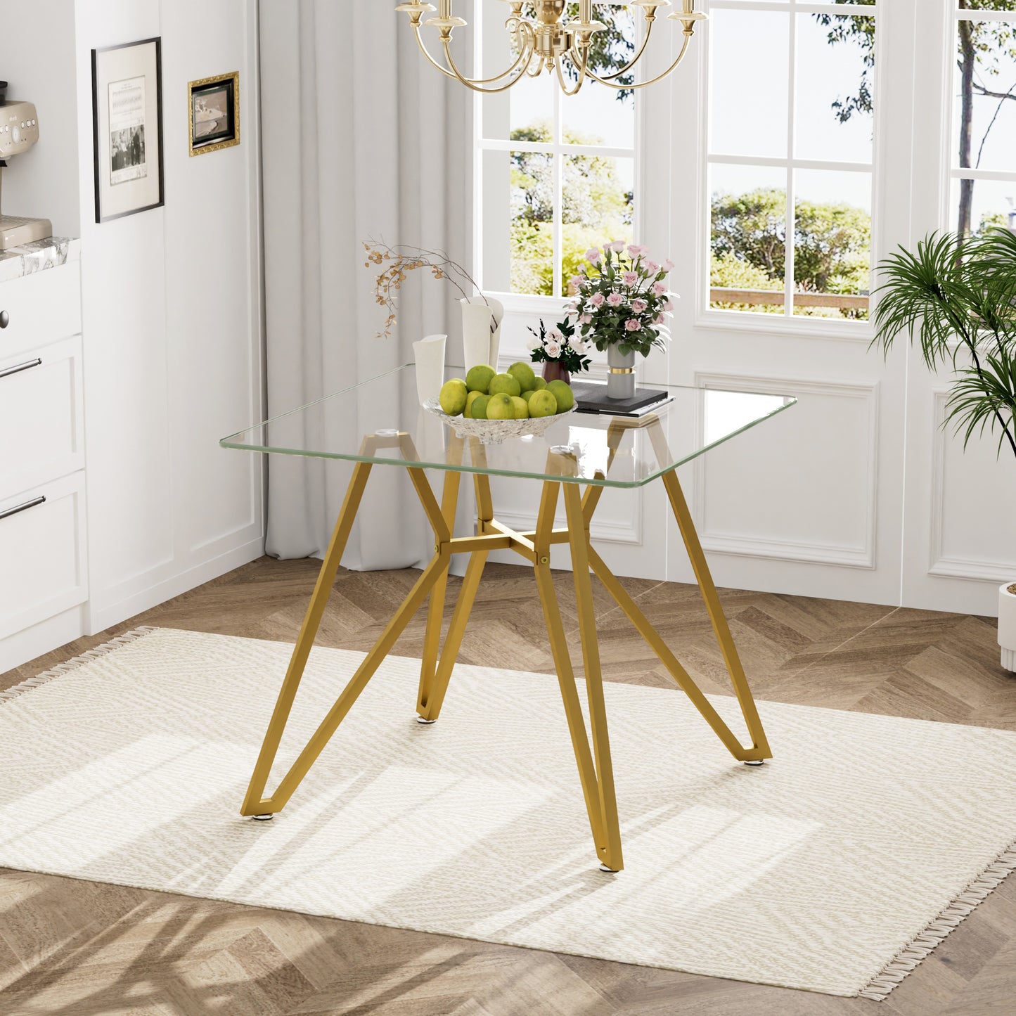 35.4-inch square tempered glass dining table, suitable for 2-4 people, space-saving small kitchen dining table, equipped with sturdy metal table legs,suitable for dining room, living room,Gold image 6