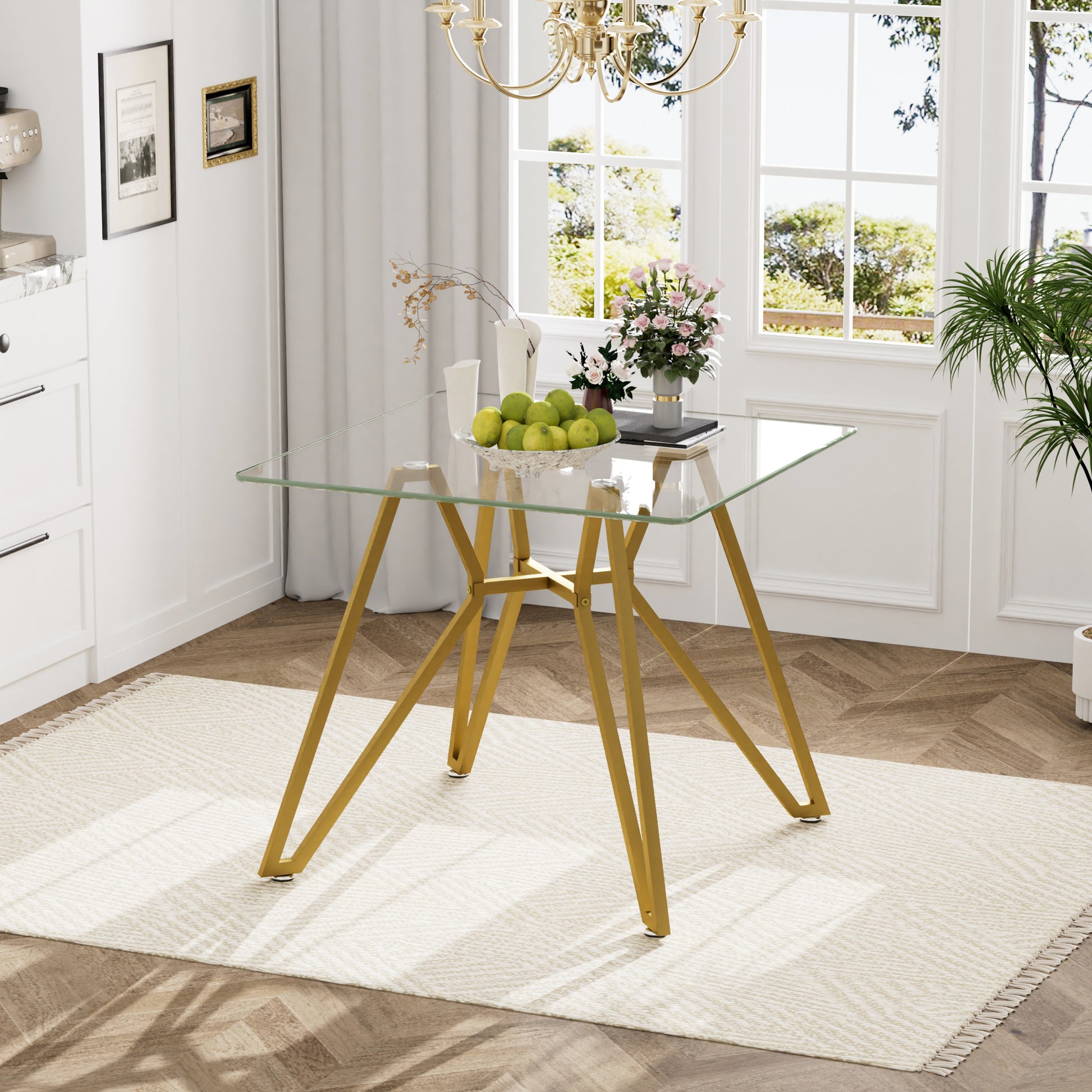 35.4-inch square tempered glass dining table, suitable for 2-4 people, space-saving small kitchen dining table, equipped with sturdy metal table legs,suitable for dining room, living room,Gold image 6