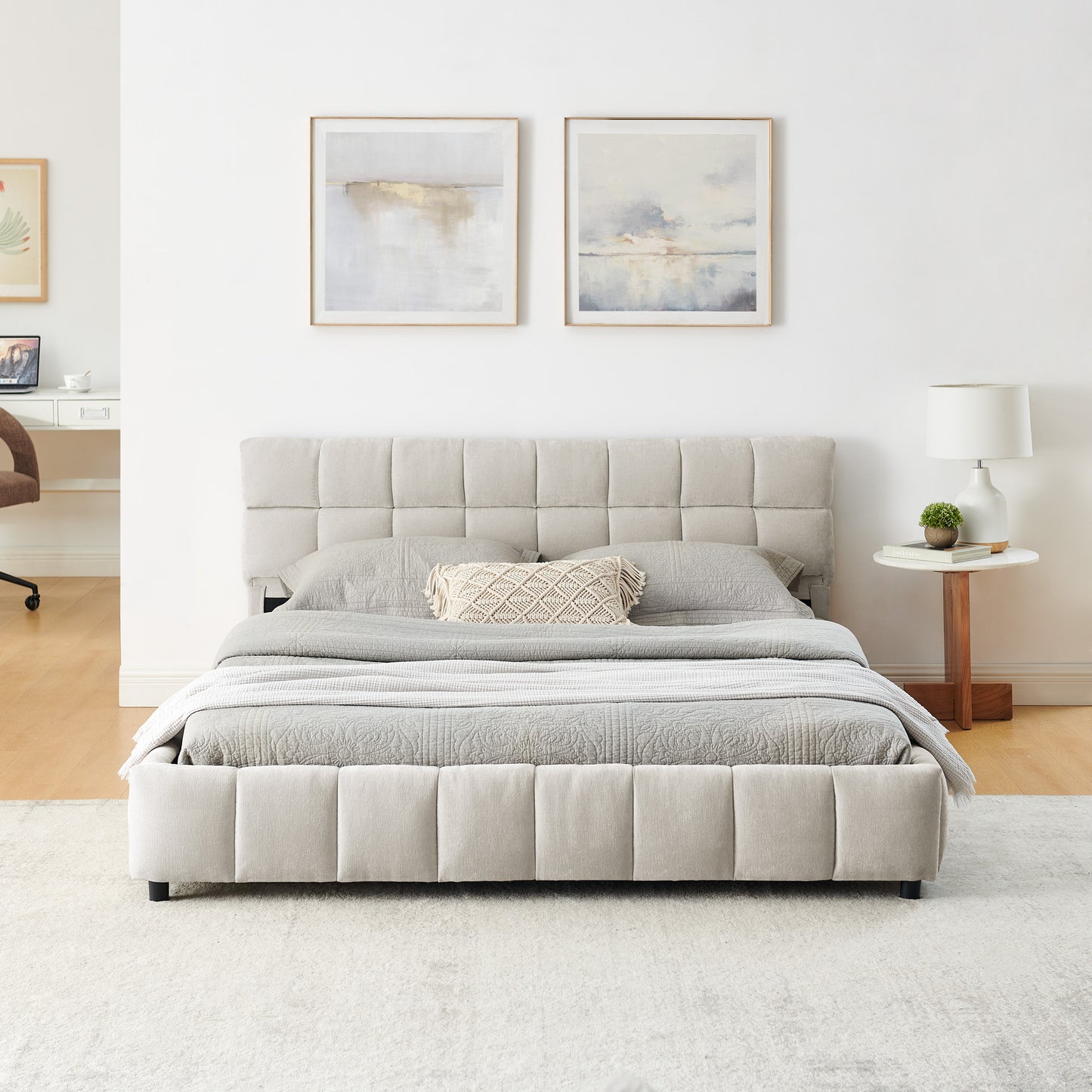 Queen Size Upholstered Bed,comfortable upholstered bed frame, Chenille fabric, with headboard and solid bed frame. With drawer for storage.-Beige(88.5''*68.5''*31'') image 6