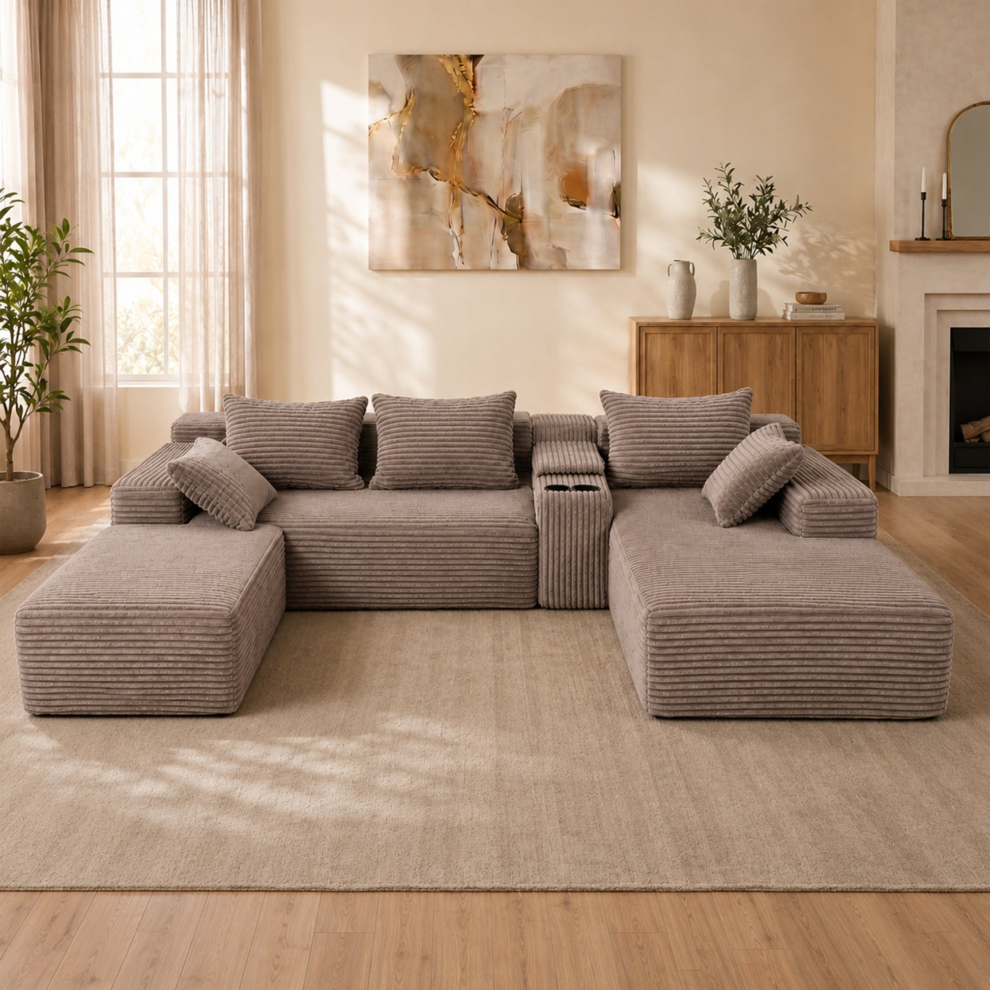 Advanced Corduroy U-shaped Modular Segmented Sofa, Large Sitting Depth Convertible Form, with Cup Holder and Storage Space, Modern Nordic Comfortable L-shaped Sofa Bed, Suitable for Large Living Rooms image 6