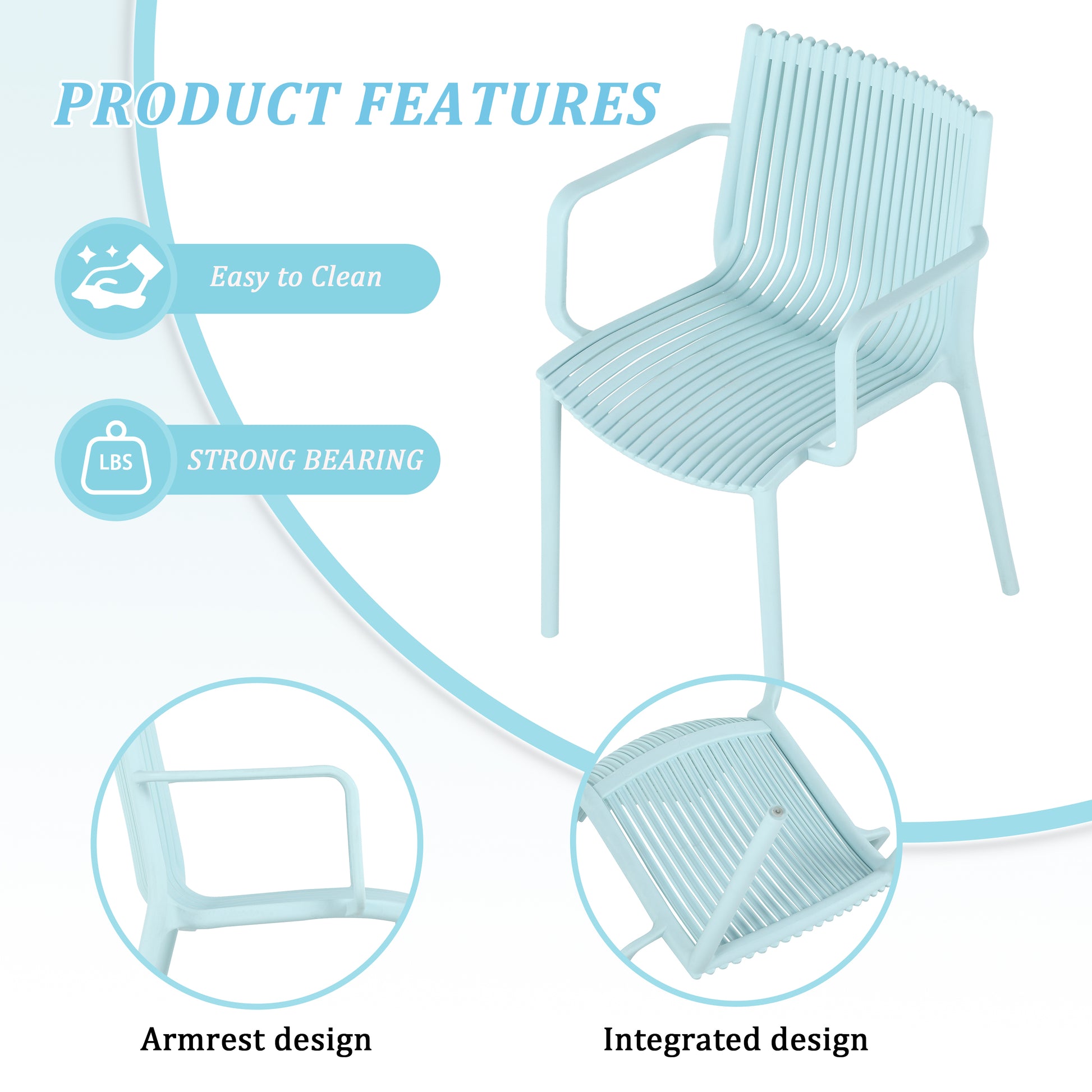 Summer - 4pcs Light Blue Stackable PP Armchair for Indoor/Outdoor Use – Ergonomic Slatted Back with 36 Inch Indoor/Outdoor Modern White Round PP Table image 11