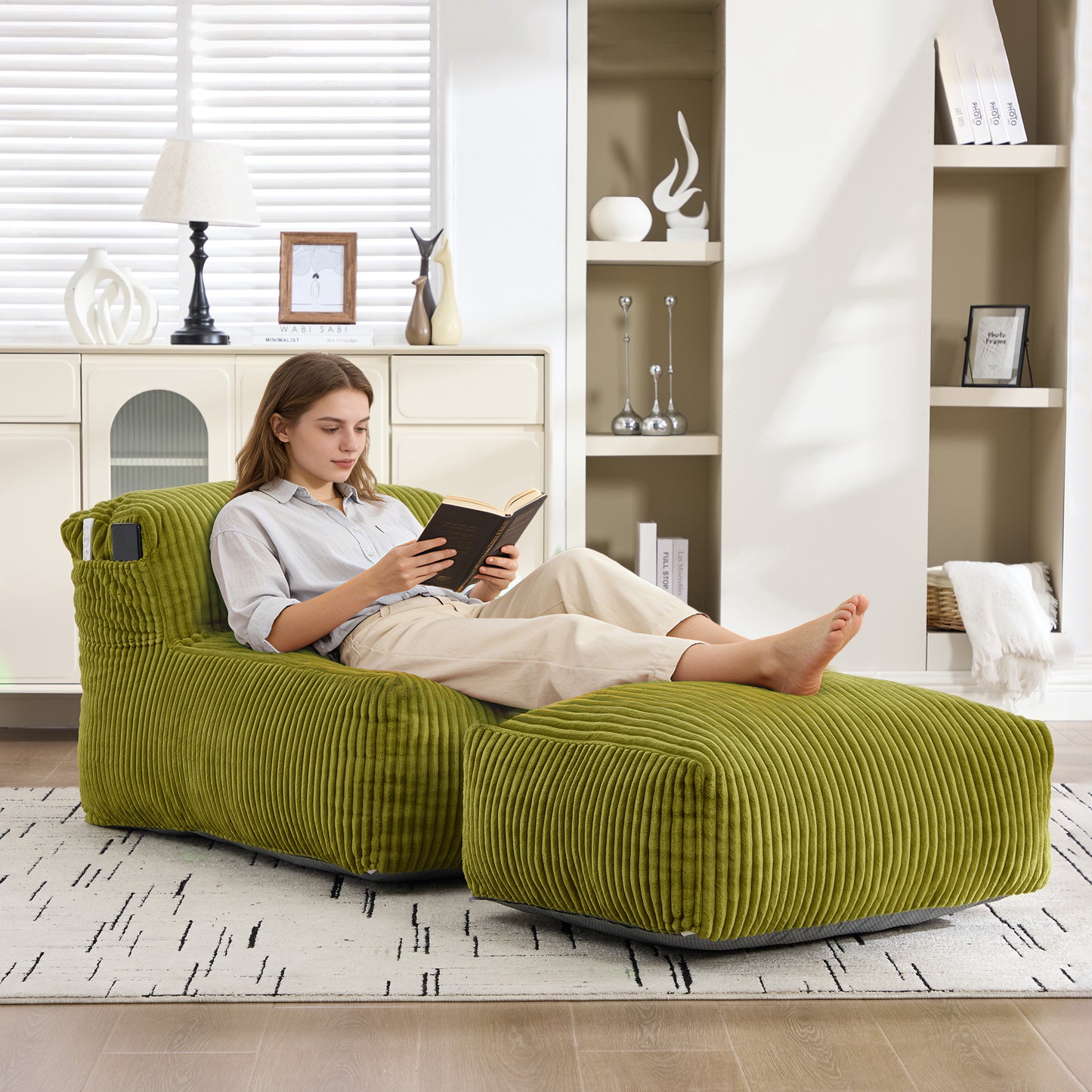 Big Bean Bag Chair for Adults,Lounger Large Bean Bag Sofa, Memory Foam Filled Beanbag Chair for Living Room, Bedroom, Balcony,Comfy Corduroy Bean Bag Chair with ottoman,Ergonomic Support & Premium Com image 1
