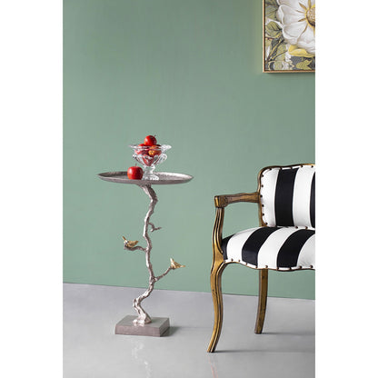 16.9x16.9x28" Round Aluminum Side Table with Silver Branch Design and Gold Bird Accents image 12