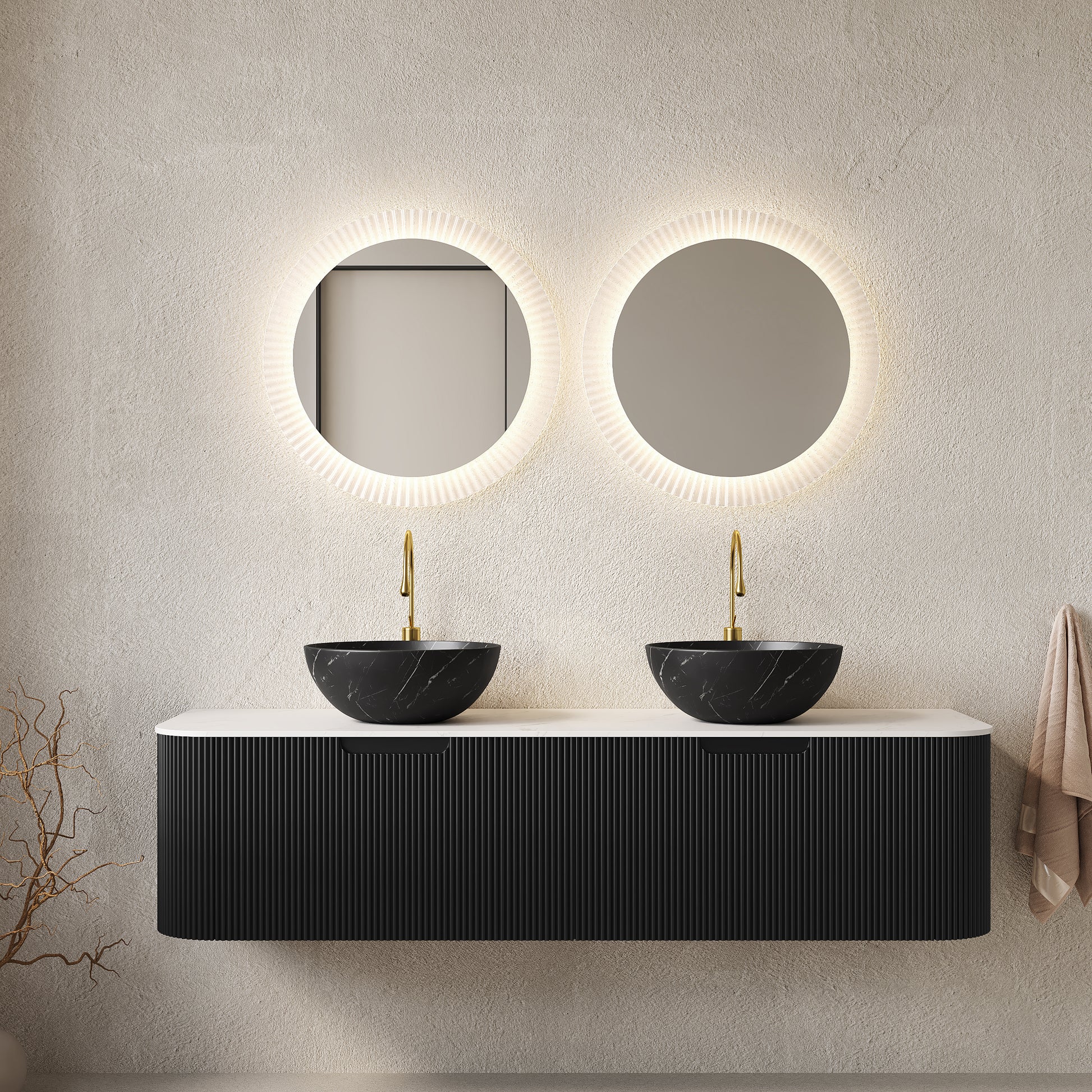 DINA 60" Bathroom Vanity&Sinks, Floating Curved Edges Striped Storage Cabinet with 2 Drawers, 2 Matte Stone Black Bowl Ceramic Basins&Carrara White Sintered Stone Top, Pre-assembled, Black Color image 1