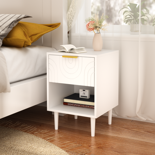 22.83'' H Modern White Nightstand with One Drawer and Open Shelf, Gold - Accented Handle, Ideal for Bedroom Decor image 1