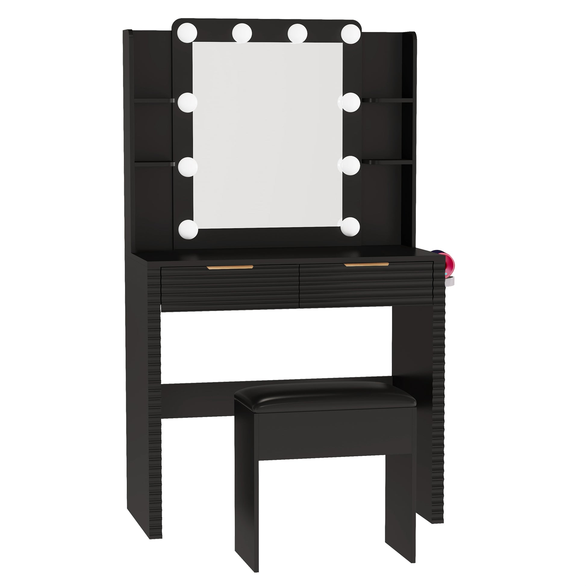 Makeup Vanity Desk with 10 Hollywood Bulbs, Fluted Dressing Table with Charging Station, 2 Drawers and 4 Open Shelves, Hairdryer Holder, Padded Stool with Storage, Black image 9