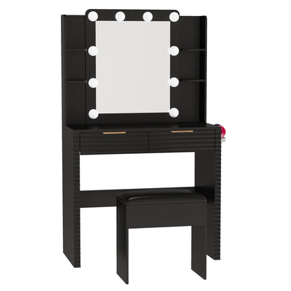 Makeup Vanity Desk with 10 Hollywood Bulbs, Fluted Dressing Table with Charging Station, 2 Drawers and 4 Open Shelves, Hairdryer Holder, Padded Stool with Storage, Black image 9