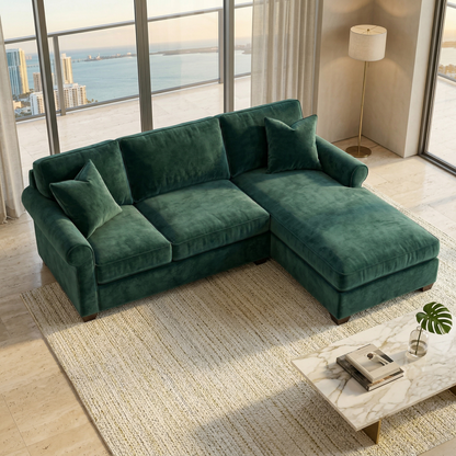 Irlanda Sectional – Made in USA, Custom Fabric Options, L-Shaped Sectional Wholesale Sectional Furniture - Velvet Antique Kelly Green - Velvet image 12