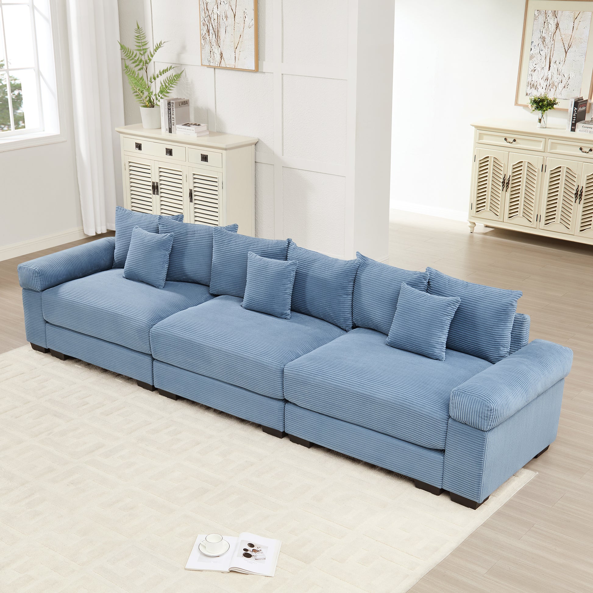 130" Oversized Cloud Modular Sectional Couch,Premium Corduroy 3-Seater Sofa Extra-Thick Armrests Good Resilience Cushion Ergonomic Design,Easy Assembly Suitable For Living Rooms Studies,Blue image 1