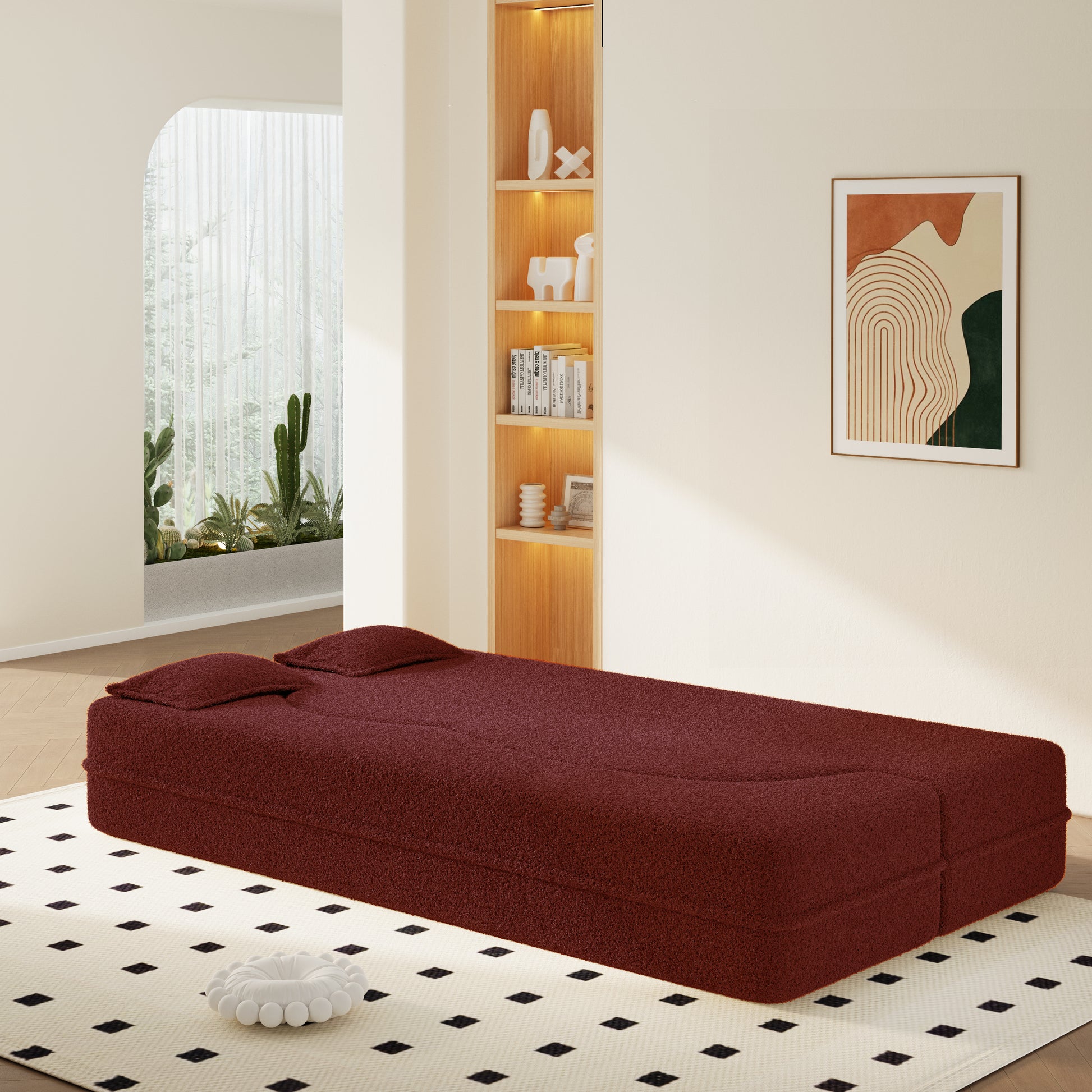 Modern Floor Sofa with 2 Pillows,Convertible Sherpa Fleece Fabric Foam-Filled Sleeper Sofa Bed,15" Twin Size Folding Mattress for Living Room,Guest Bed,Playroom,no assembly required,Burgundy image 6