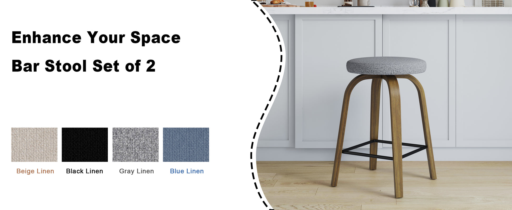 Swivel Bar Stools Set of 2, Counter Height Backless 26″ Bar Stool, Fabric Upholstered Seat, Sturdy Wood Legs and Metal Footrest, Mid-Century Modern Island Stools for Home Bars, Restaurants, Gray image 2