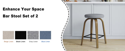 Swivel Bar Stools Set of 2, Counter Height Backless 26″ Bar Stool, Fabric Upholstered Seat, Sturdy Wood Legs and Metal Footrest, Mid-Century Modern Island Stools for Home Bars, Restaurants, Gray image 2