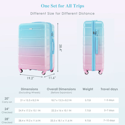 Luggage Set of 3, 20-inch with USB Port, Airline Certified Carry-on Luggage, ABS+PC Hard Shell Luggage with Spinner Wheels, light blue and pink image 5