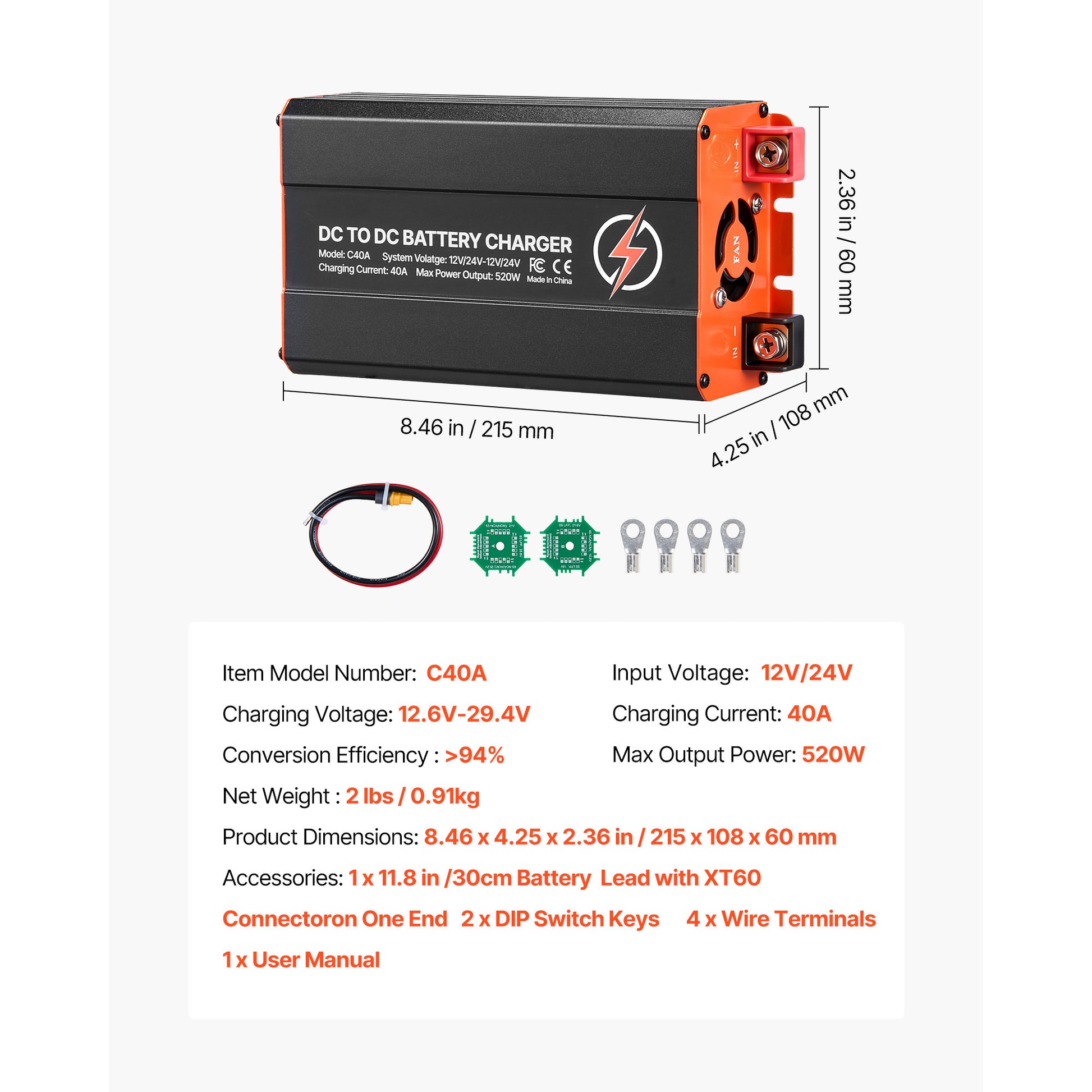DC to DC Battery Charger, 520W, 40A Alternator Charger, Fast DC-DC Charging for Portable Power Stations, Compatible with LiFePO4 Lead-Acid AGM GEL Batteries, 12V/24V-12V/24V, for RV Home Backup image 10