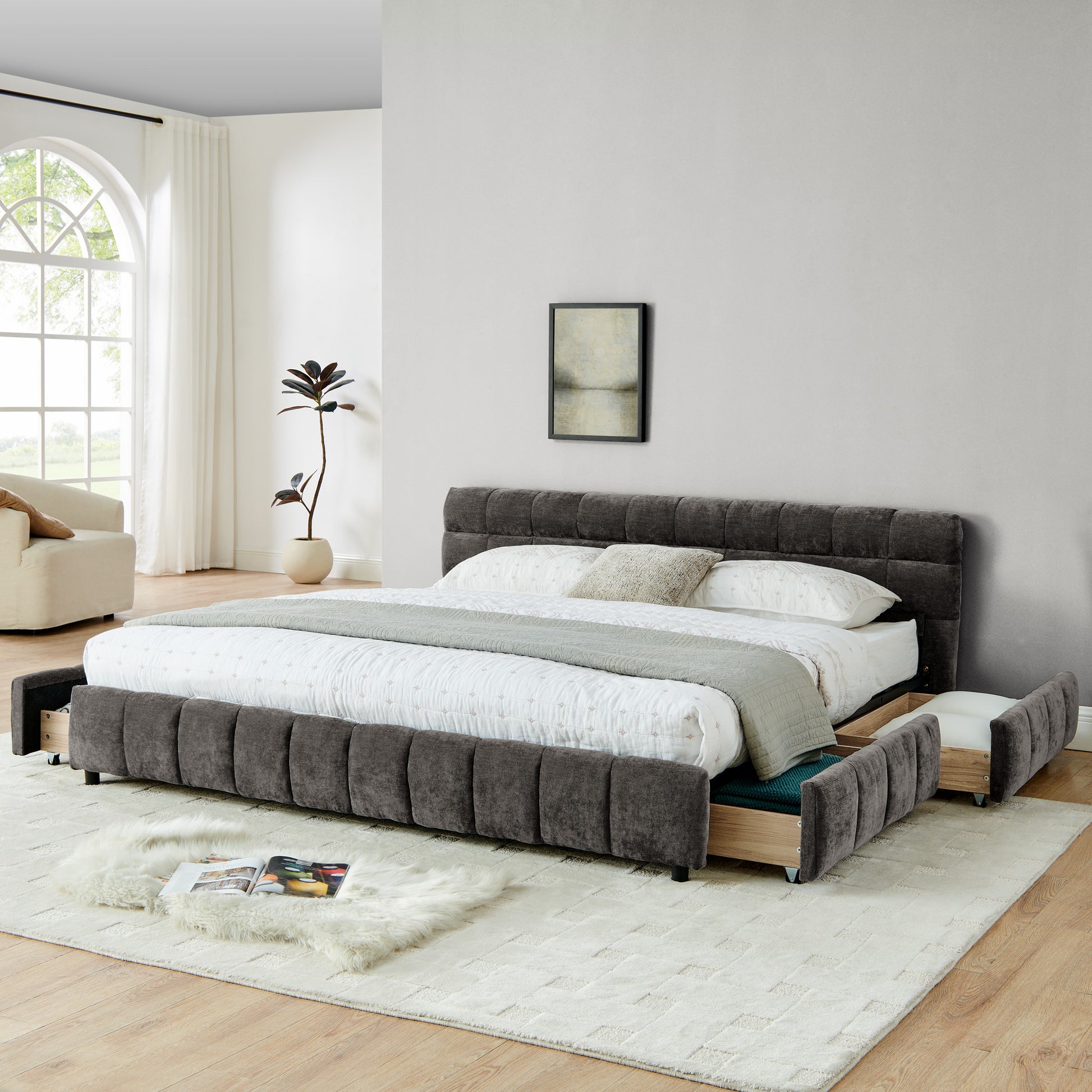 King Size Upholstered Bed,comfortable upholstered bed frame, Chenille fabric, with headboard and solid bed frame. With drawer for storage.-Dark Gray(88.5''*85.5''*31'') image 3