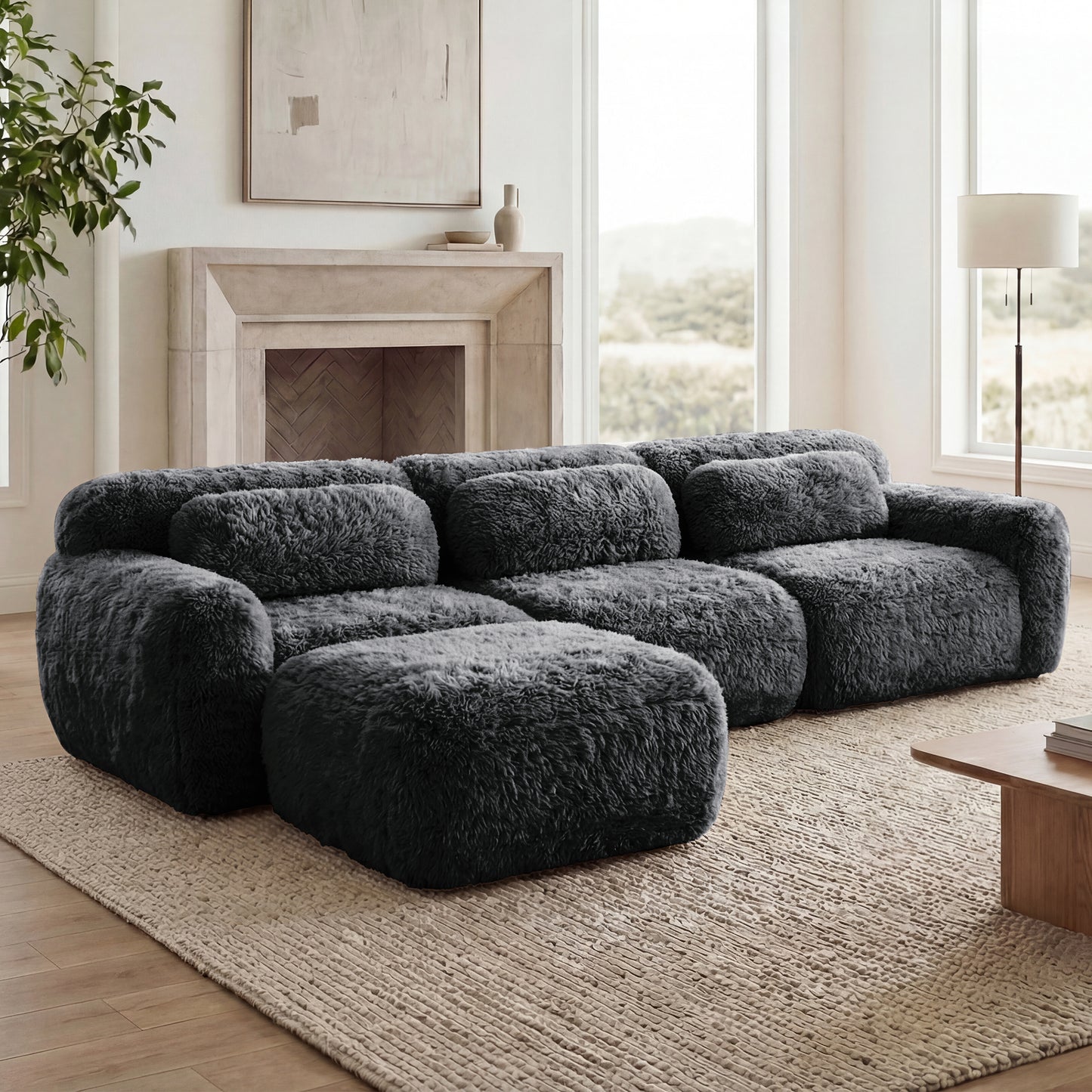 L-shaped Soft And Fluffy Plush Fabric,Boneless Sofa,With Throw Pillows 32D High Density Sponge,No Assembly Required Bottom,Anti-Slip Design Buckle Connection,Movable Ottoman For Living Room,Dark Grey image 3